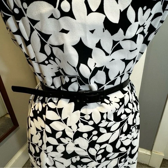 London Times Black White Green Square Neck belted floral leaves Sheath Dress 12 - Picture 10 of 11
